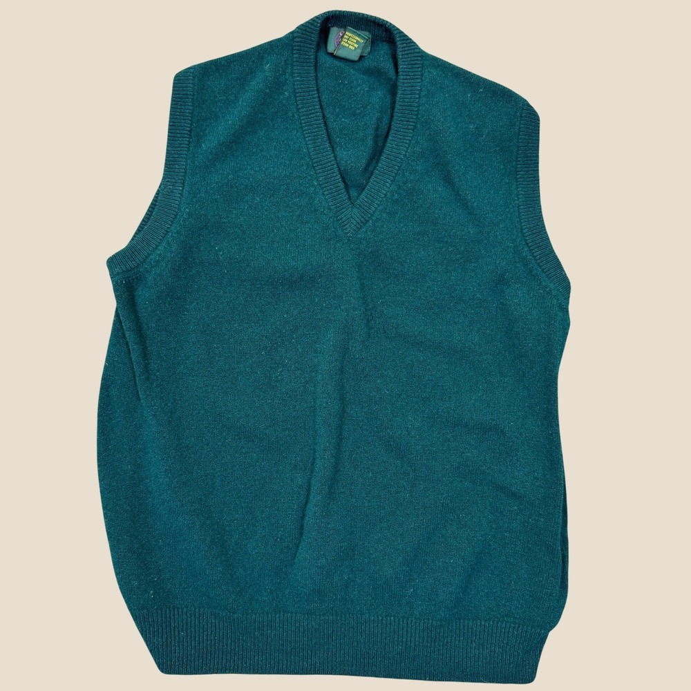 Vintage 90s Club Room Sweater Vest Men L Green 100% Lambswool V Neck Preppy